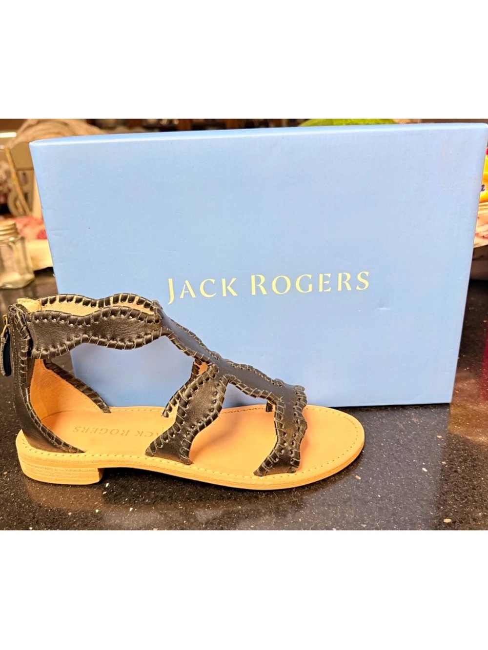 Jack Rogers Black Leather Cutout Gladiator Sandal